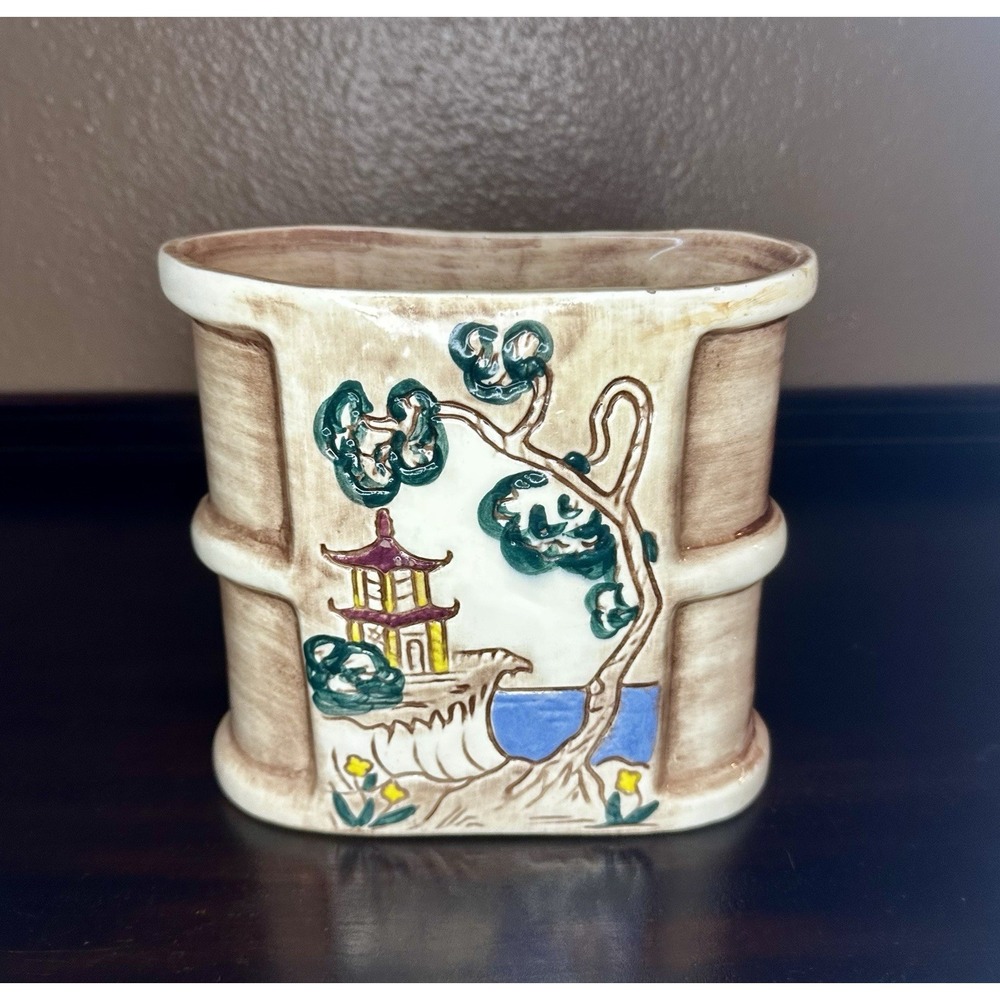 Vintage 1960's Cal Dania Pottery Ceramic Japanese Coastal Scene Motif Vase - Picture 2 of 10
